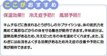 ここがおすすめ　保温効果！！冷え症予防！！風邪予防！！　キムチなどに含まれるとうがらしのカプサイシンは、体の抵抗力を高めて風邪などからの体を守る働きが期待できます。辛味成分は、温熱効果があるため、冷え切った冬の体を温めてくれます。また、玉ねぎには血流をよくする効果があるため冷え症の改善や予防に効果が期待できます。